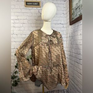 The rustic rack Floral Boho Sheer Long Sleeve Patchwork print tunic blouse